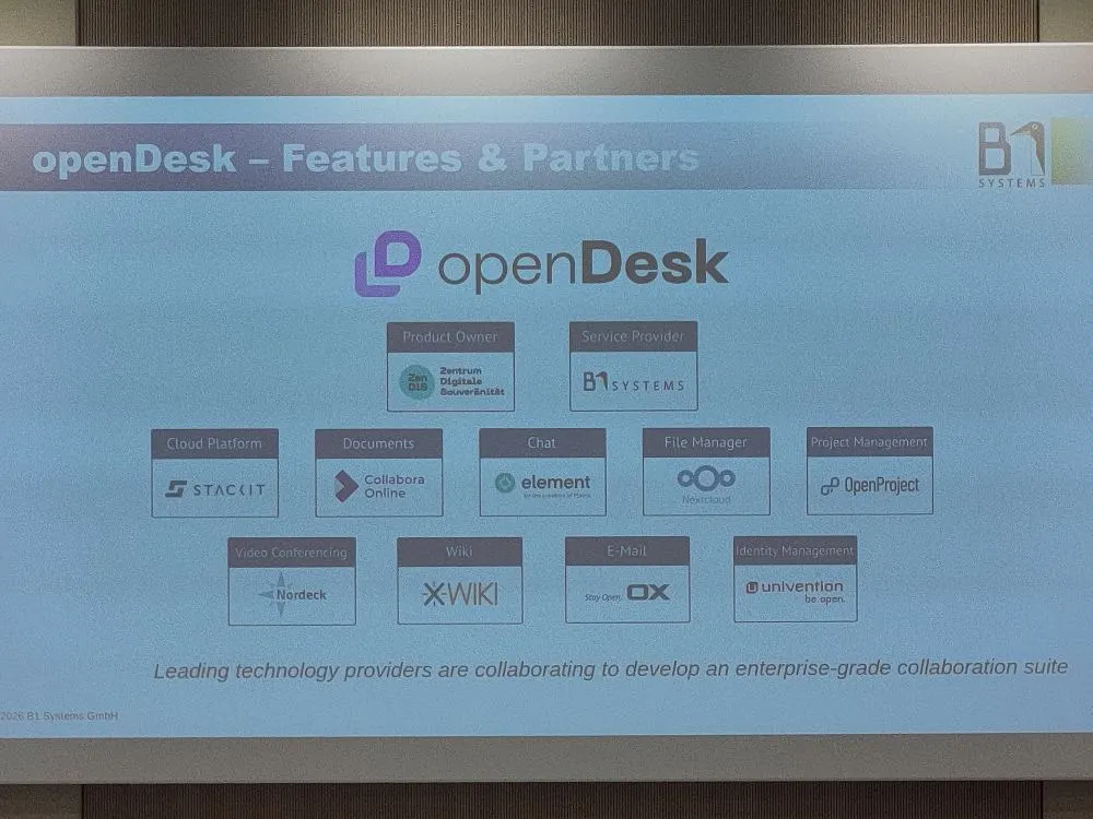 A slide presenting OpenDesk, which contains Element, a Matrix-based solution.